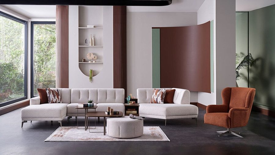 Atlanta Wohnlandschaft Modular - Creme - Bronze-Füße