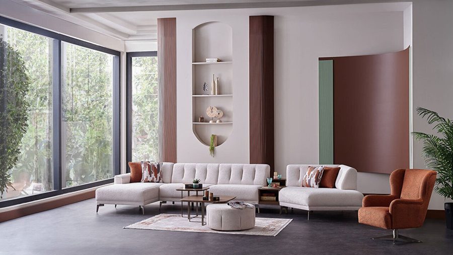 Atlanta Wohnlandschaft Modular - Creme - Bronze-Füße
