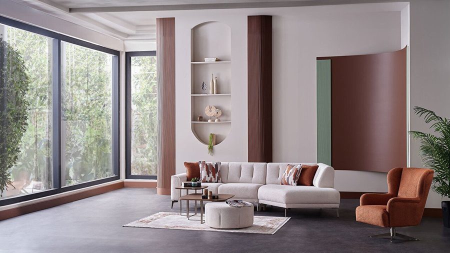 Atlanta Wohnlandschaft Modular - Creme - Bronze-Füße