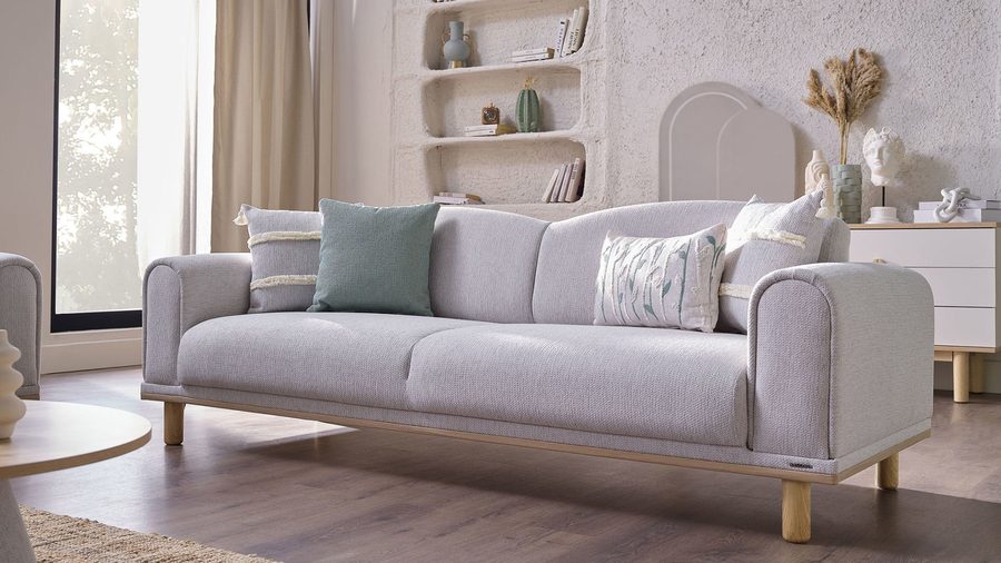 Boheems 3-Sitzer Sofa - Creme - Grün Zierkissen