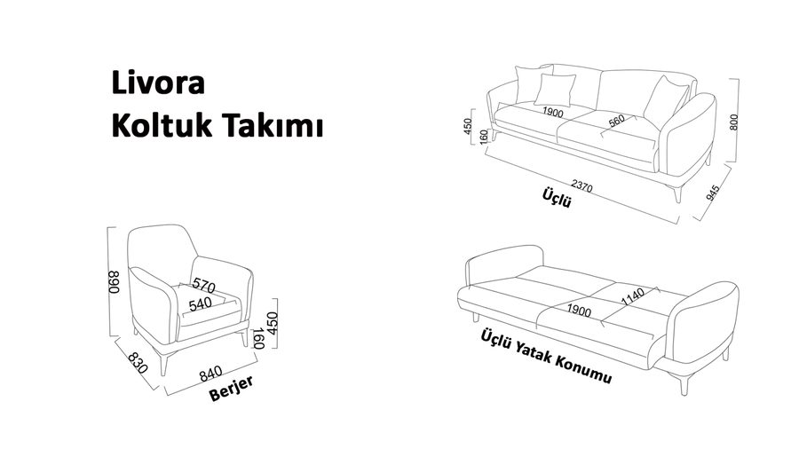 Livora 3-Sitzer Sofa - Blau - Eiche-Füße