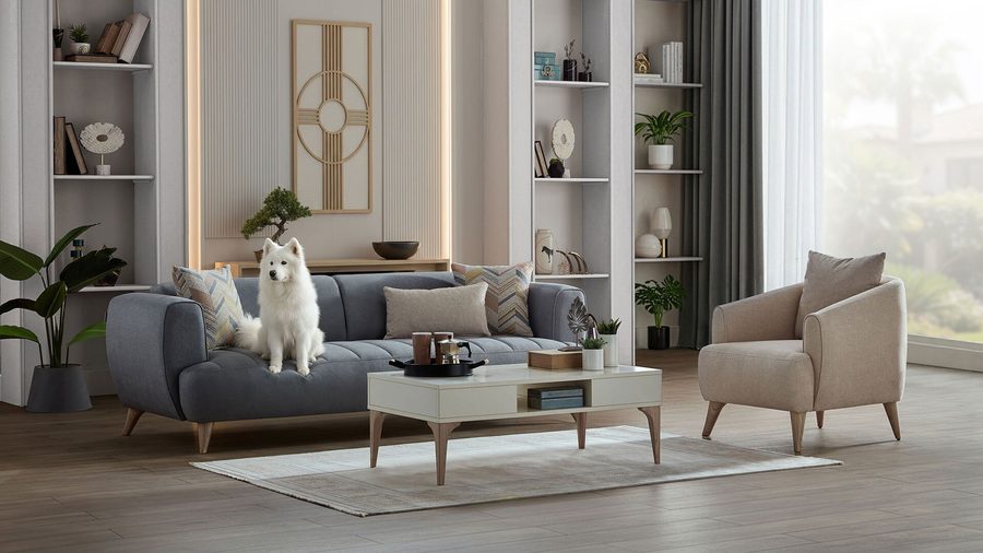Mona 3-Sitzer Sofa - Blau - Eiche-Füße