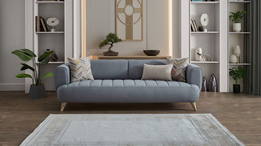 Mona 3-Sitzer Sofa - Blau - Eiche-Füße