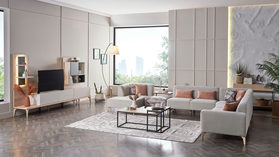 Orleon Wohnlandschaft Modular - Taupe - Eiche-Füße