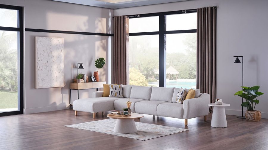 Sanvela Wohnlandschaft Modular - Creme - Eiche-Füße