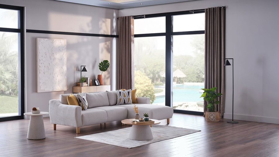 Sanvela Wohnlandschaft Modular - Creme - Eiche-Füße