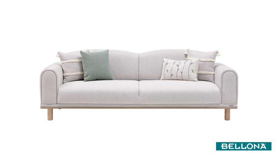 Boheems 3-Sitzer Sofa - Creme - Grün Zierkissen von Bellona