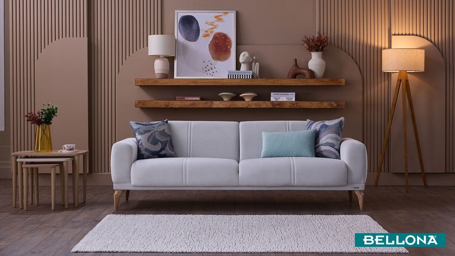 Majer S 3-Sitzer Sofa - Grau - Eiche-Füße von Bellona