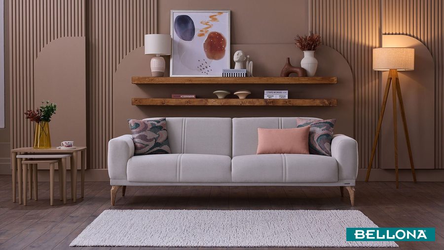 Majer S 3-Sitzer Sofa - Taupe - Eiche-Füße von Bellona