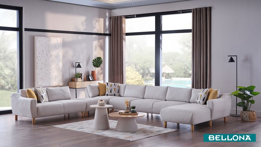 Sanvela Wohnlandschaft Modular - Creme - Eiche-Füße von Bellona