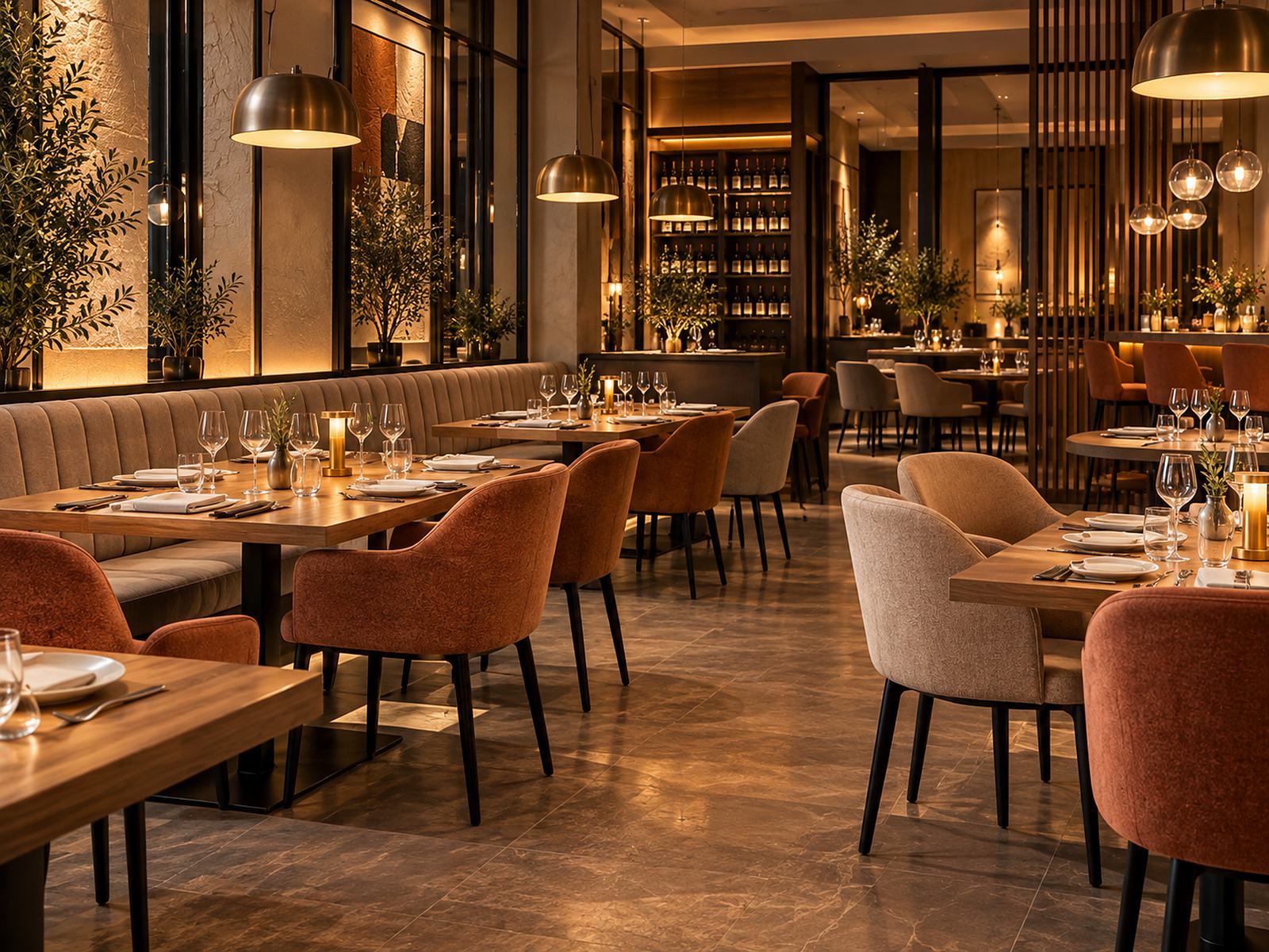Restaurant-Gastraum mit gepolsterten Stühlen, Holztischen und langer Sitzbank