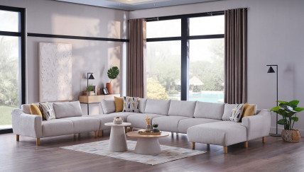Sanvela Wohnlandschaft Modular - Creme - Eiche-Füße
