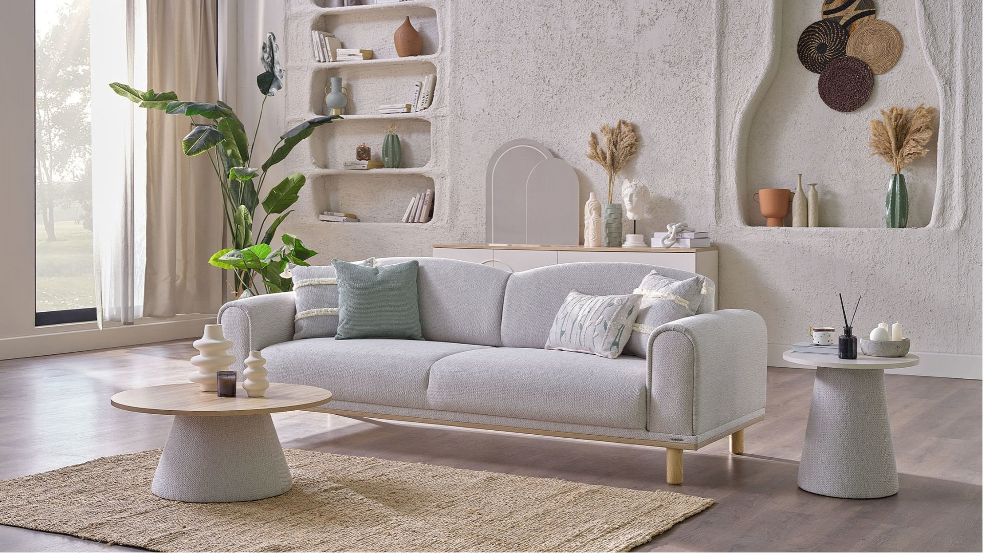 Boheems 3er-Sofa - Creme - Grün Kırlent