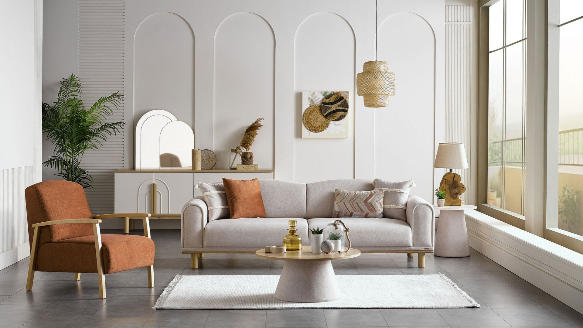 Boheems 3er-Sofa - Creme - Kiremit Kırlent