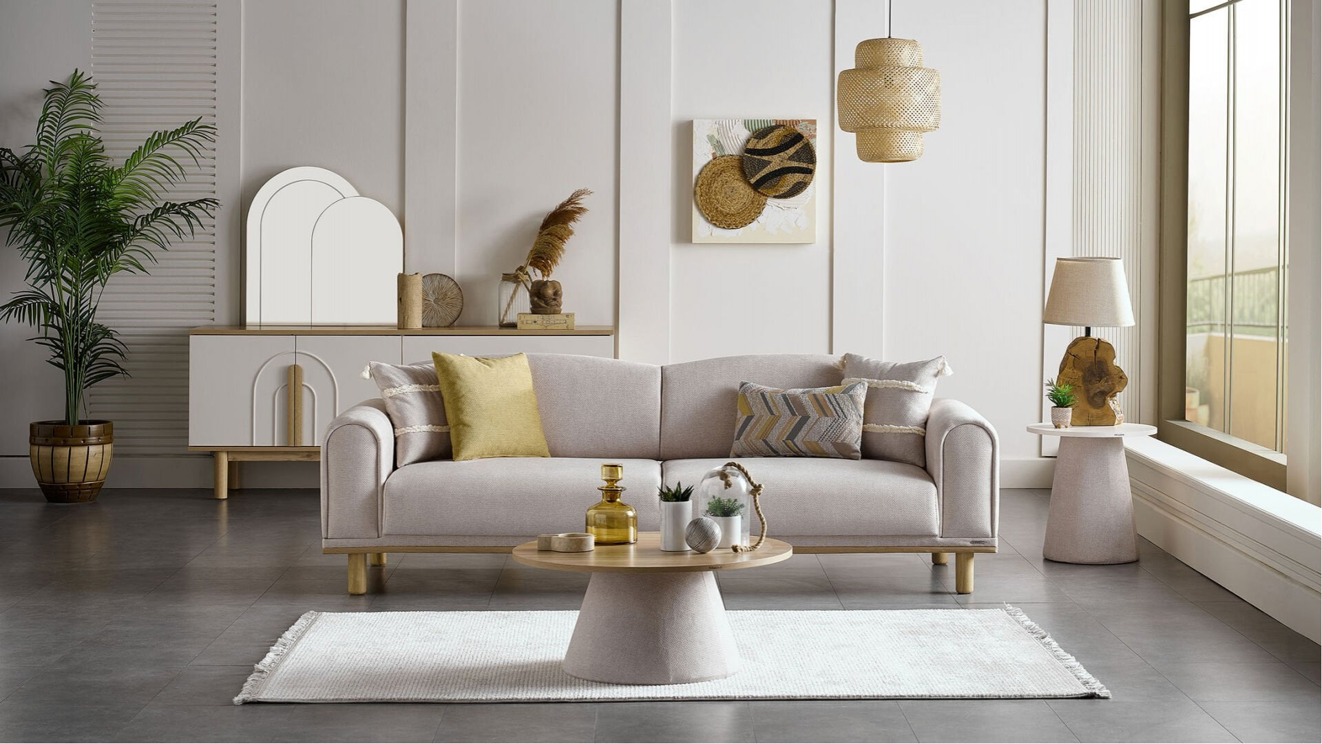 Boheems 3er-Sofa - Creme - Gelb Kırlent