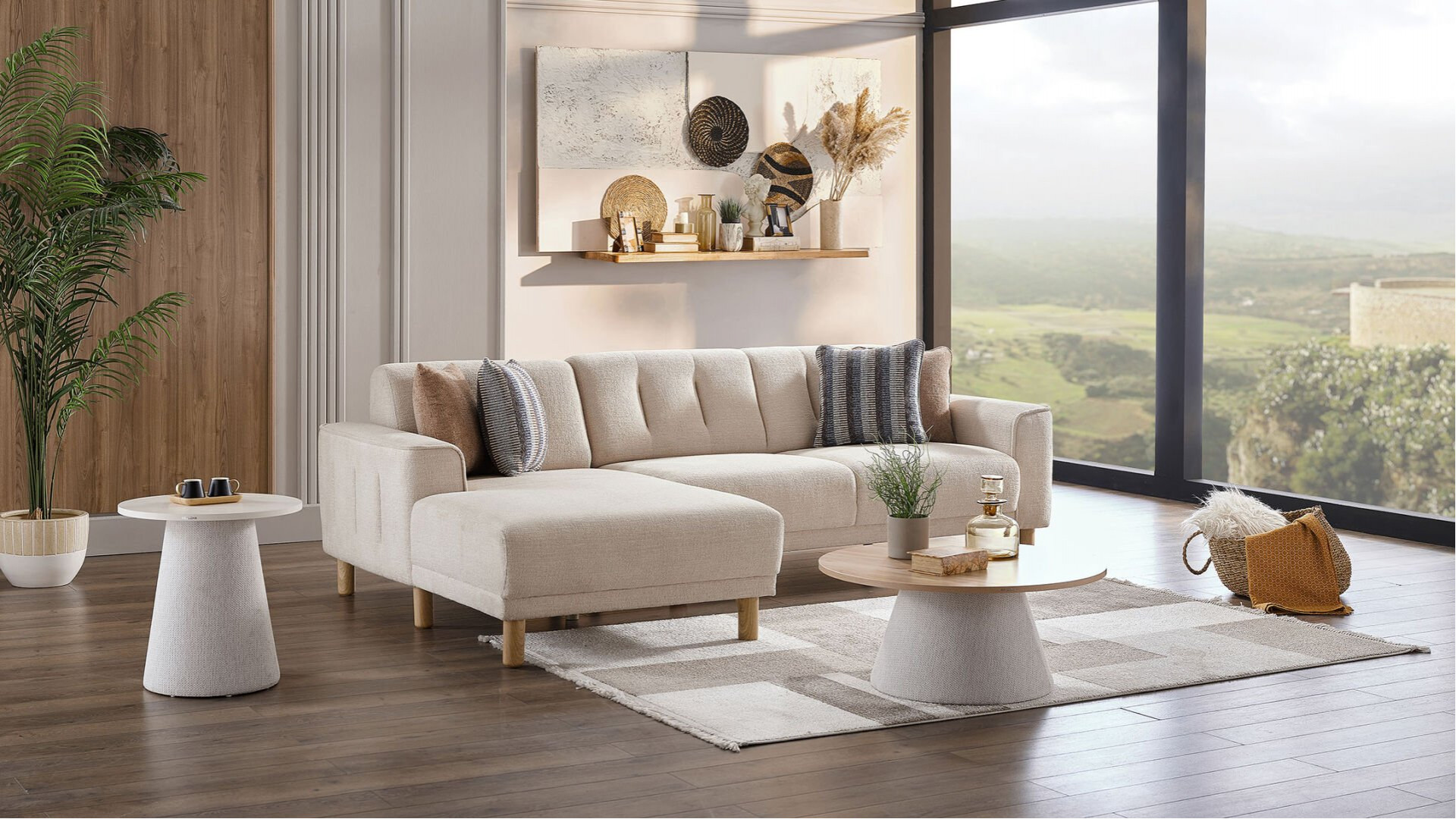 Atlanta Wohnlandschaft Modular - Creme - Eiche-Füße