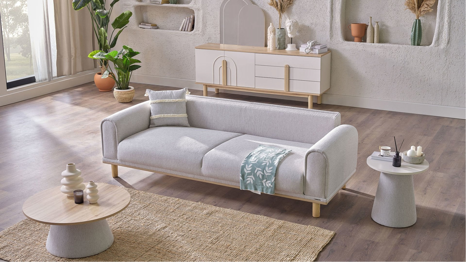 Boheems 3er-Sofa - Creme - Grün Kırlent