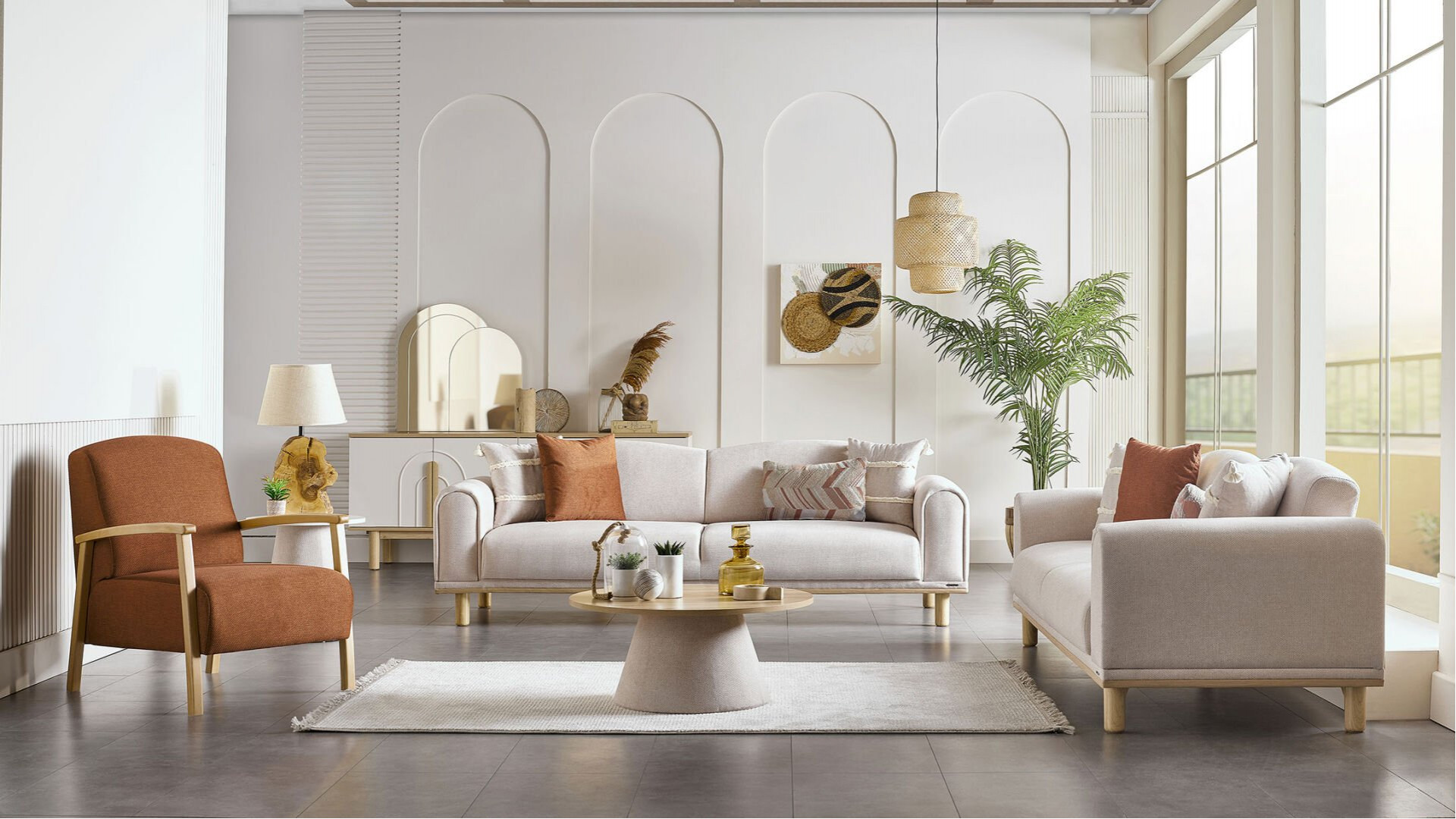 Boheems 3er-Sofa - Creme - Kiremit Kırlent