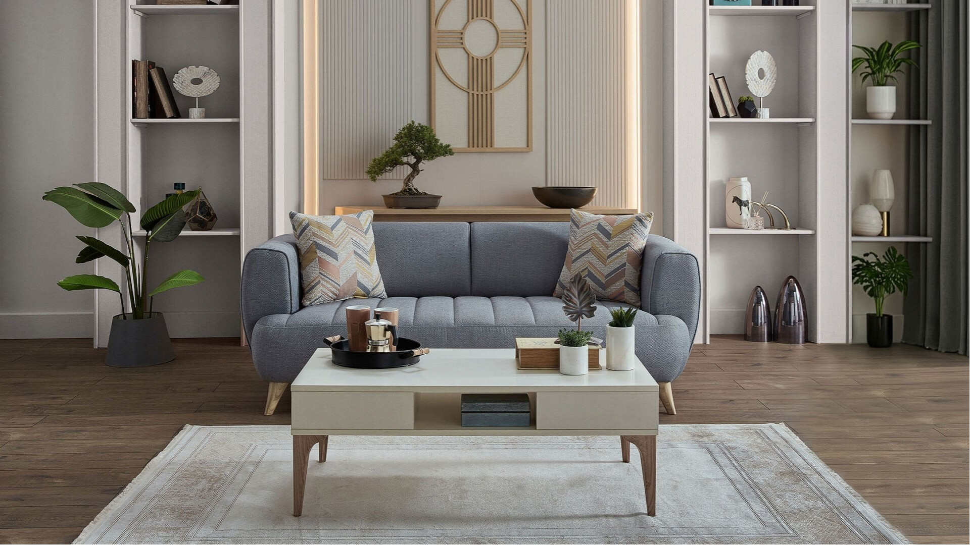 Mona 2er-Sofa - Blau - Eiche-Füße