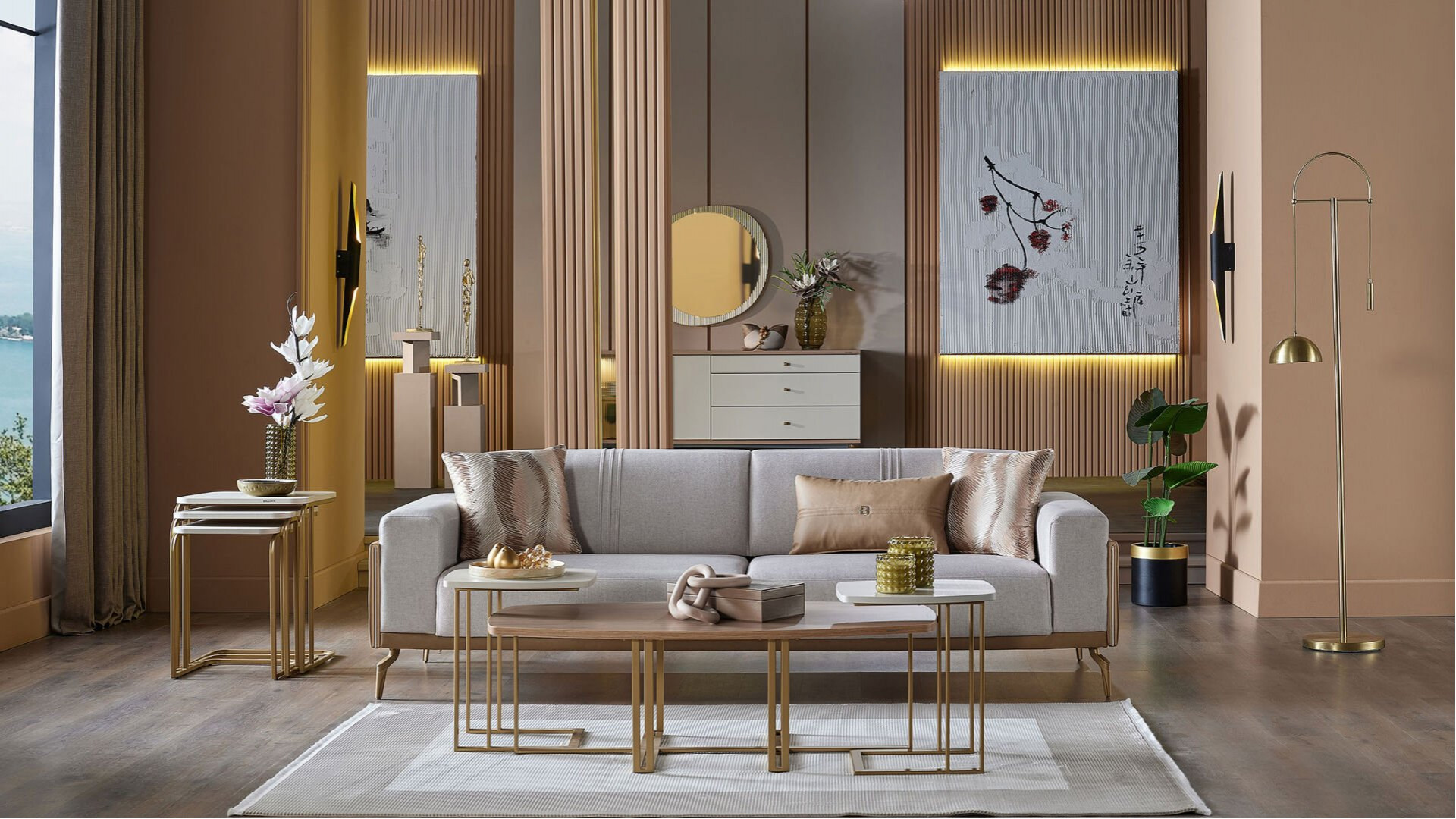 Montella 3er-Sofa - Taupe - Kahve - Gelb-Füße