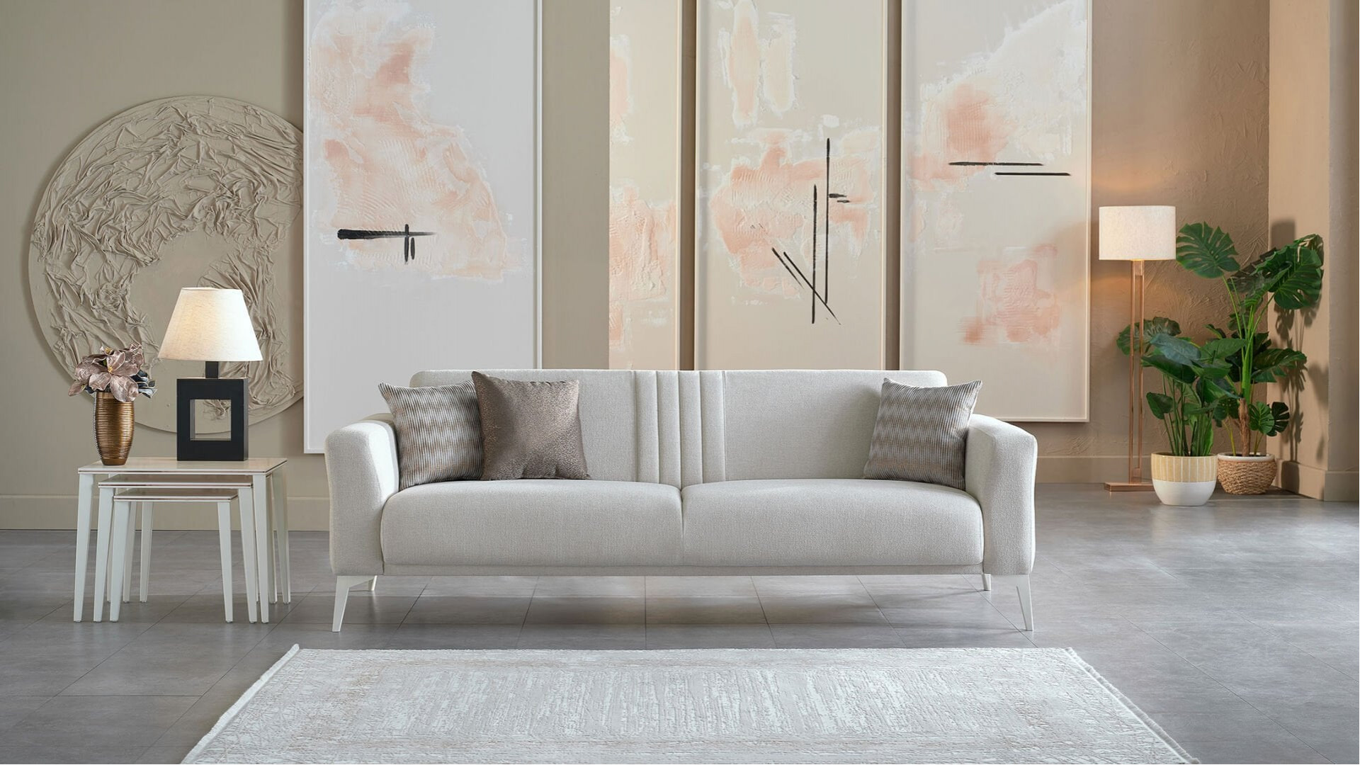 Nadia 3er-Sofa - Creme - Weiß-Füße