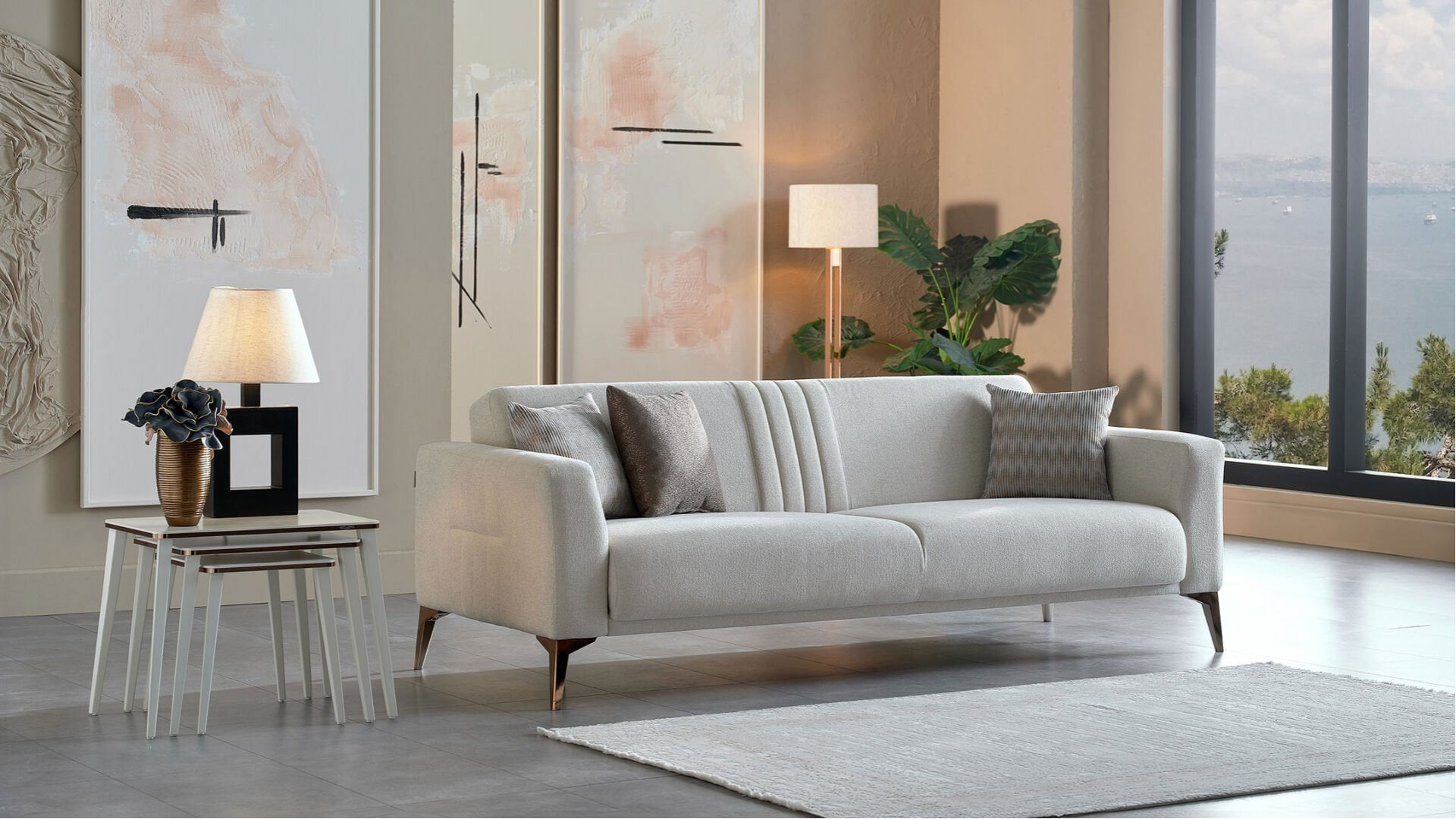 Nadia 3er-Sofa - Creme - Bronz-Füße