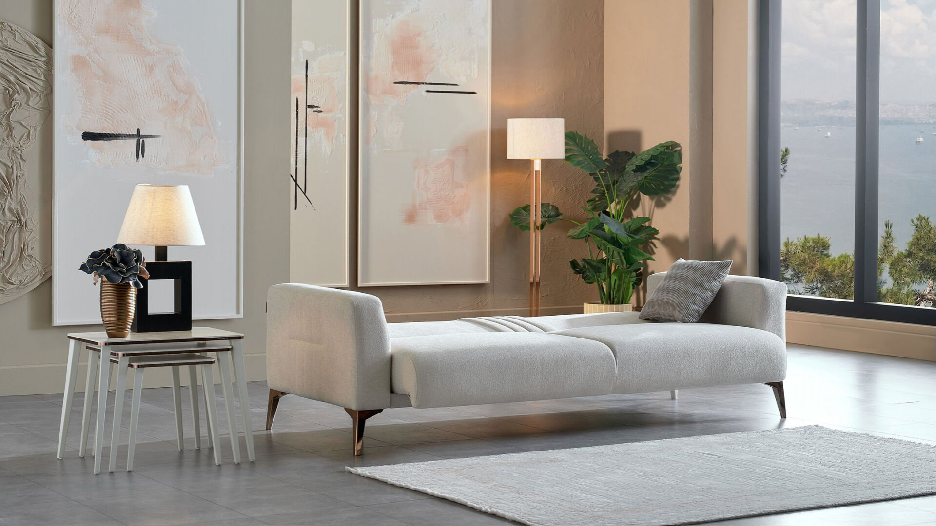 Nadia 3er-Sofa - Creme - Bronz-Füße