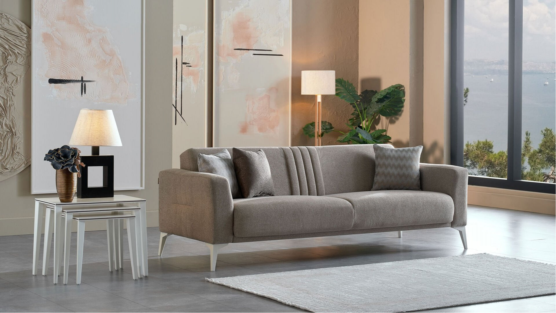 Nadia 3er-Sofa - Taupe - Weiß-Füße