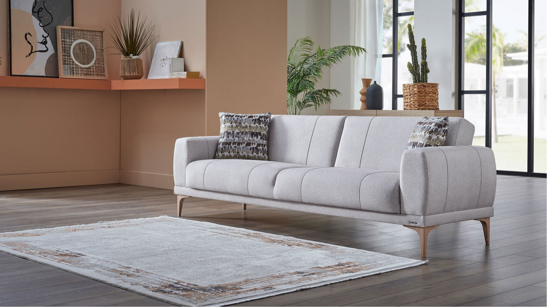 Porto 3er-Sofa - Creme - Eiche-Füße