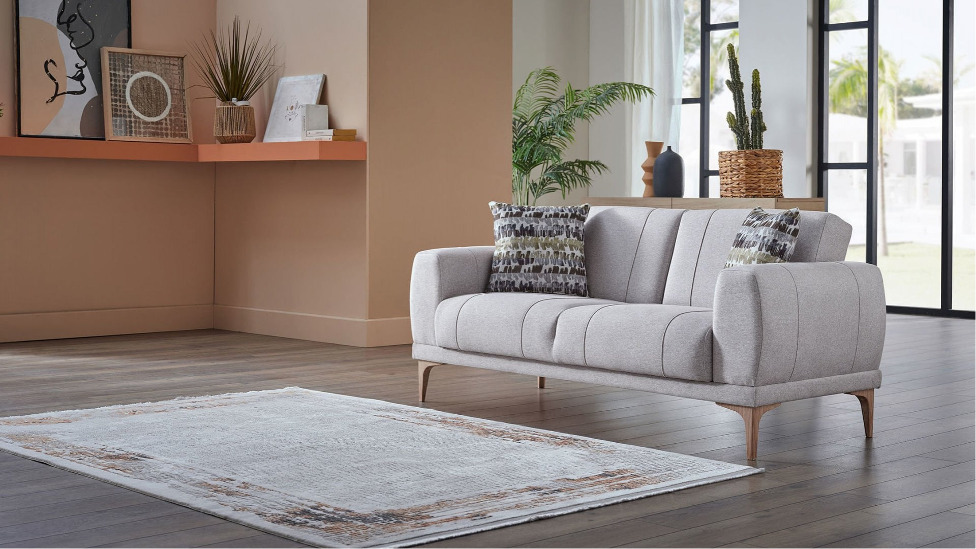 Porto 2er-Sofa - Creme - Eiche-Füße