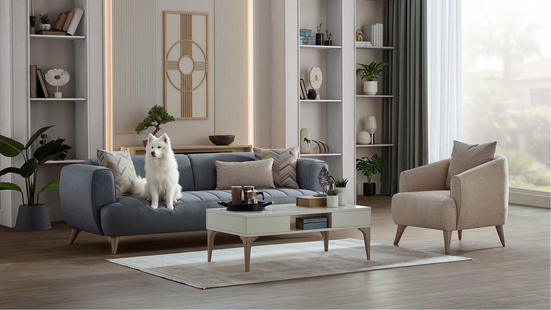Mona 3er-Sofa - Blau - Eiche-Füße