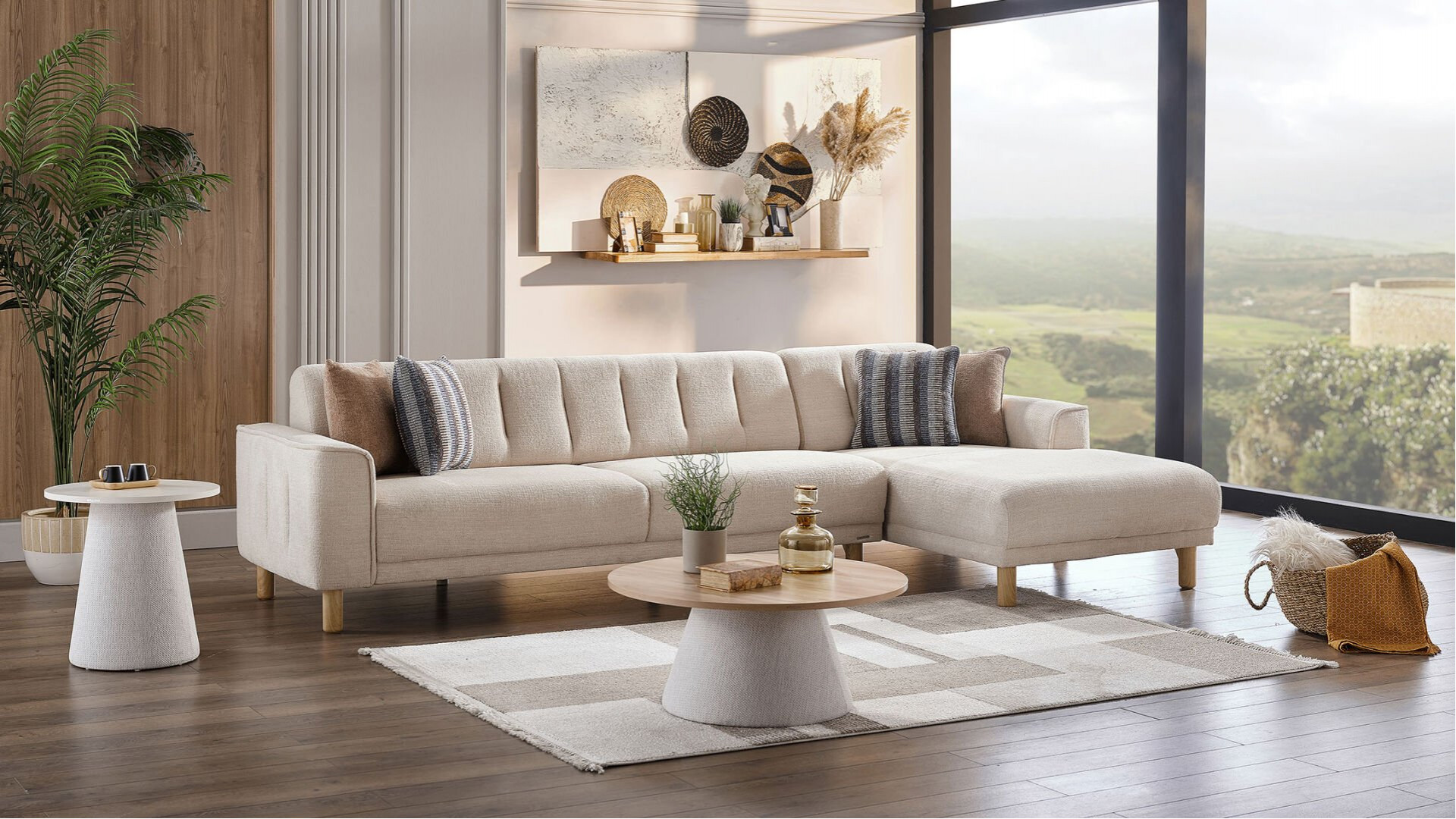 Atlanta Wohnlandschaft Modular - Creme - Eiche-Füße