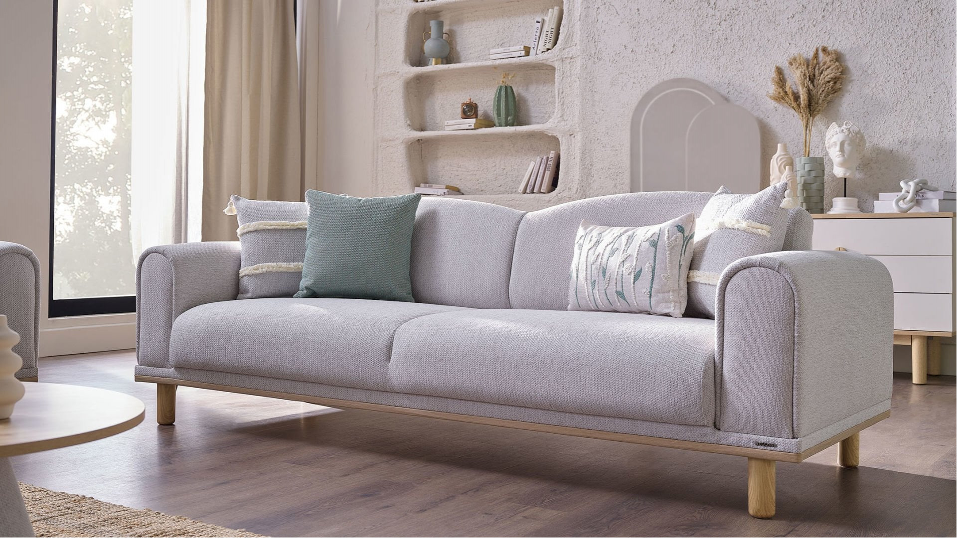 Boheems 3er-Sofa - Creme - Grün Kırlent