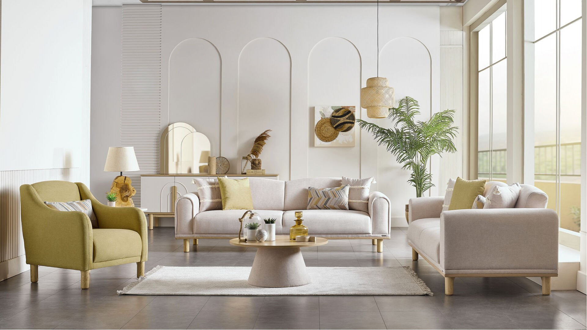 Boheems 3er-Sofa - Creme - Gelb Kırlent