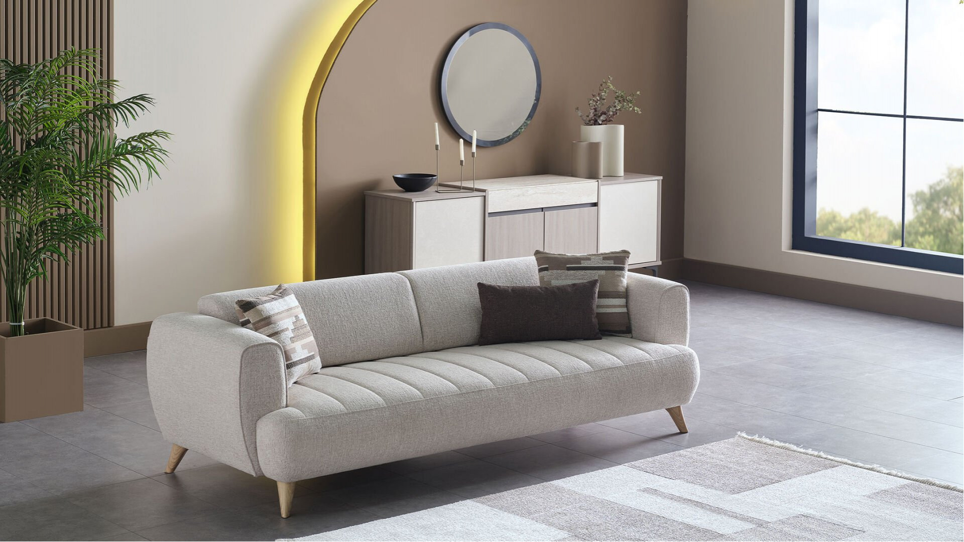 Mona 3er-Sofa - Beige - Eiche-Füße