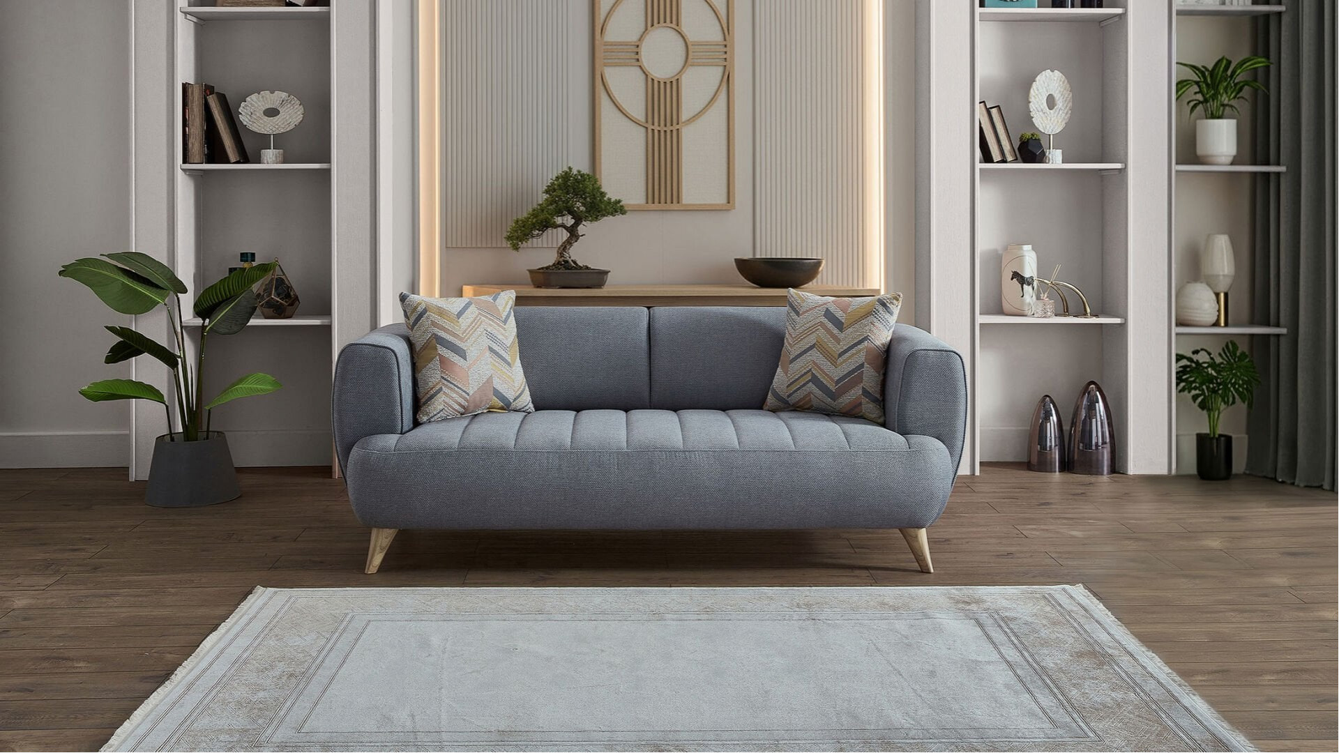Mona 2er-Sofa - Blau - Eiche-Füße