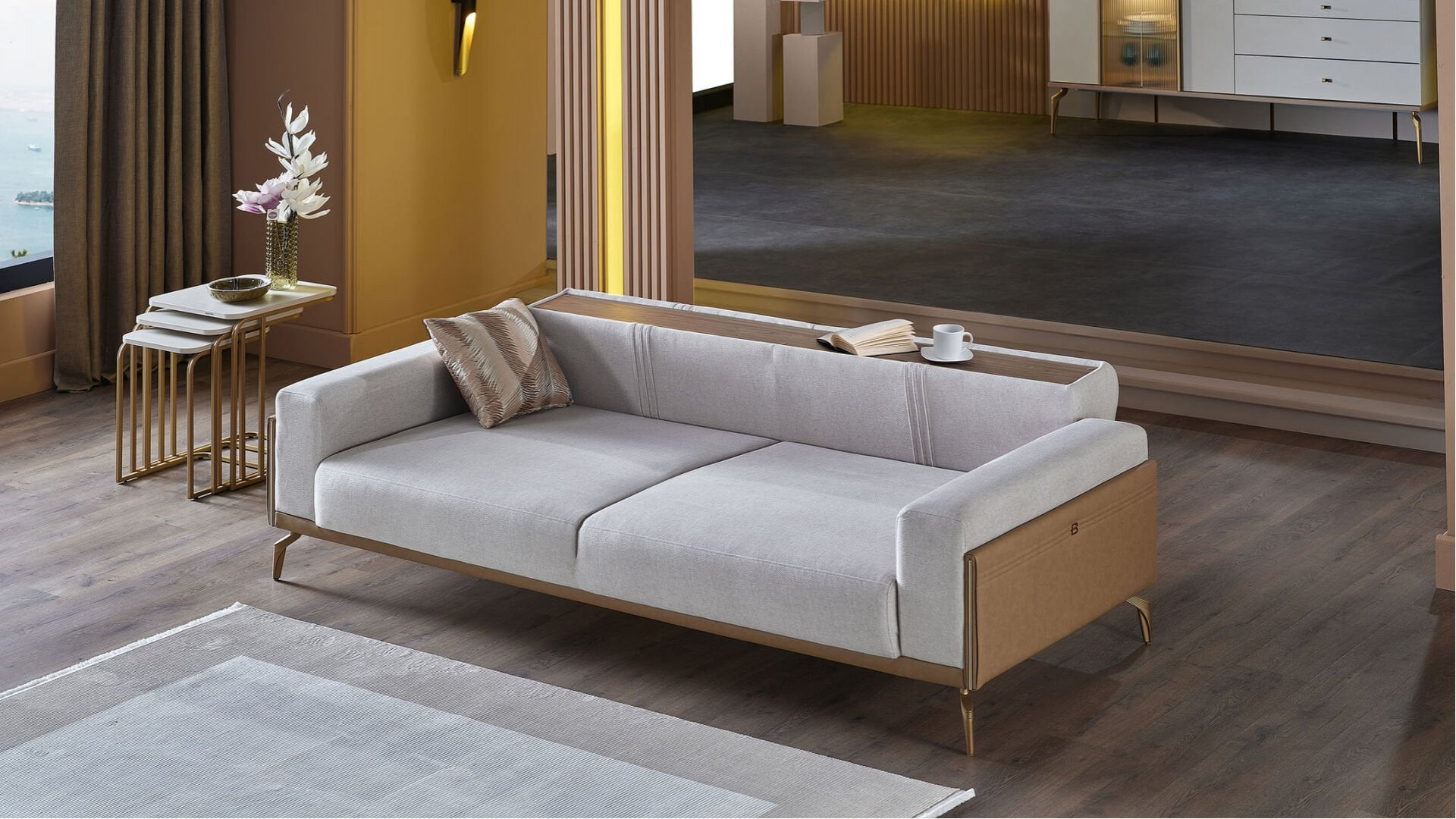 Montella 3er-Sofa - Taupe - Kahve - Gelb-Füße