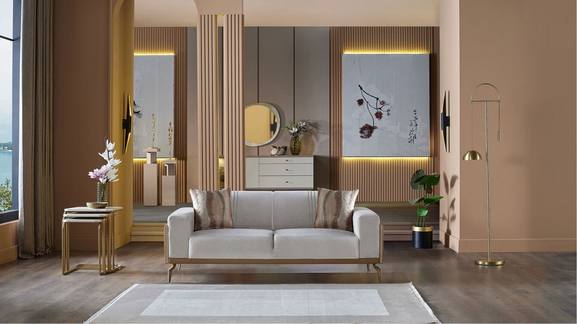 Montella 2er-Sofa - Taupe - Kahve - Gelb-Füße