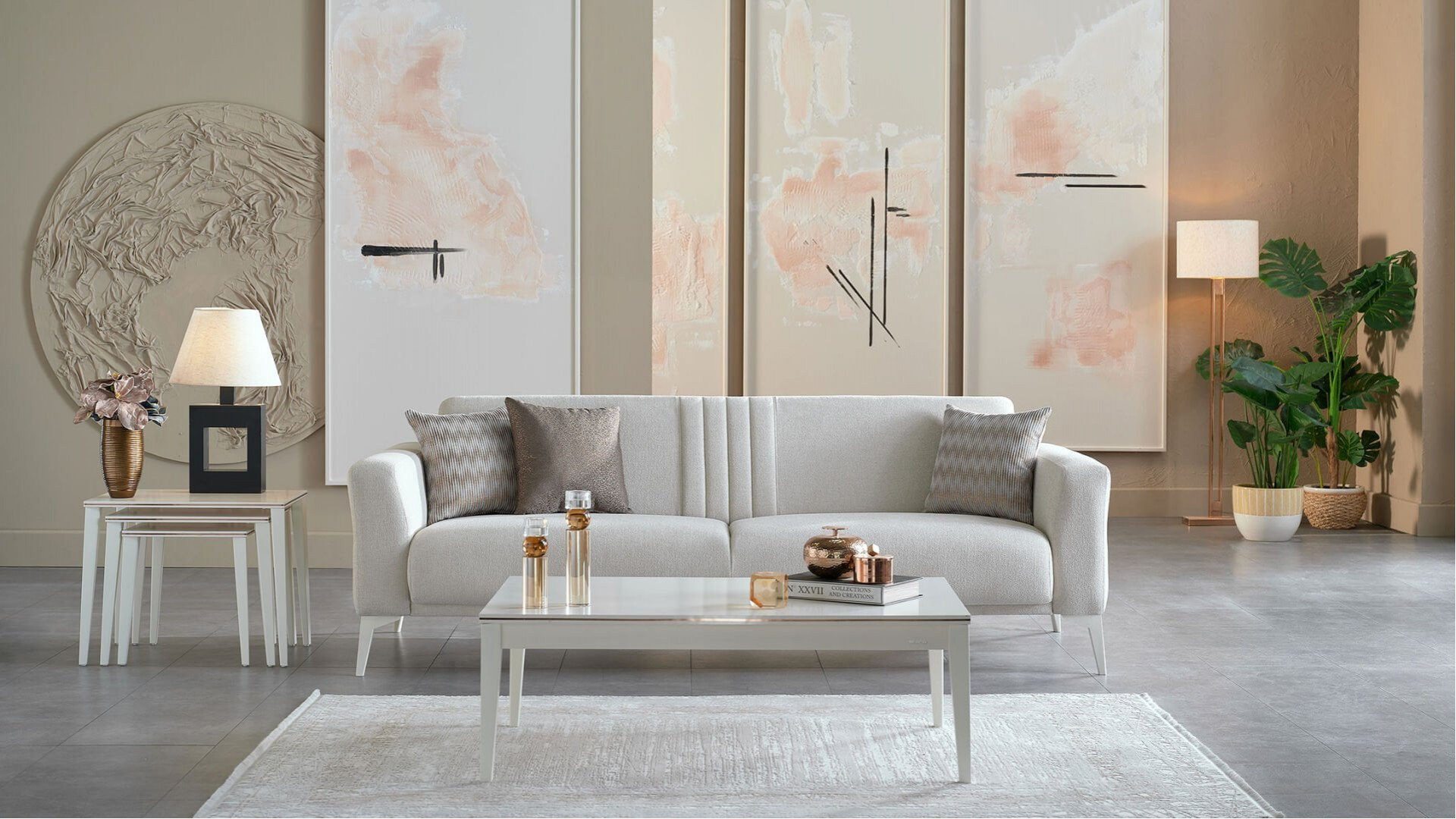 Nadia 3er-Sofa - Creme - Weiß-Füße