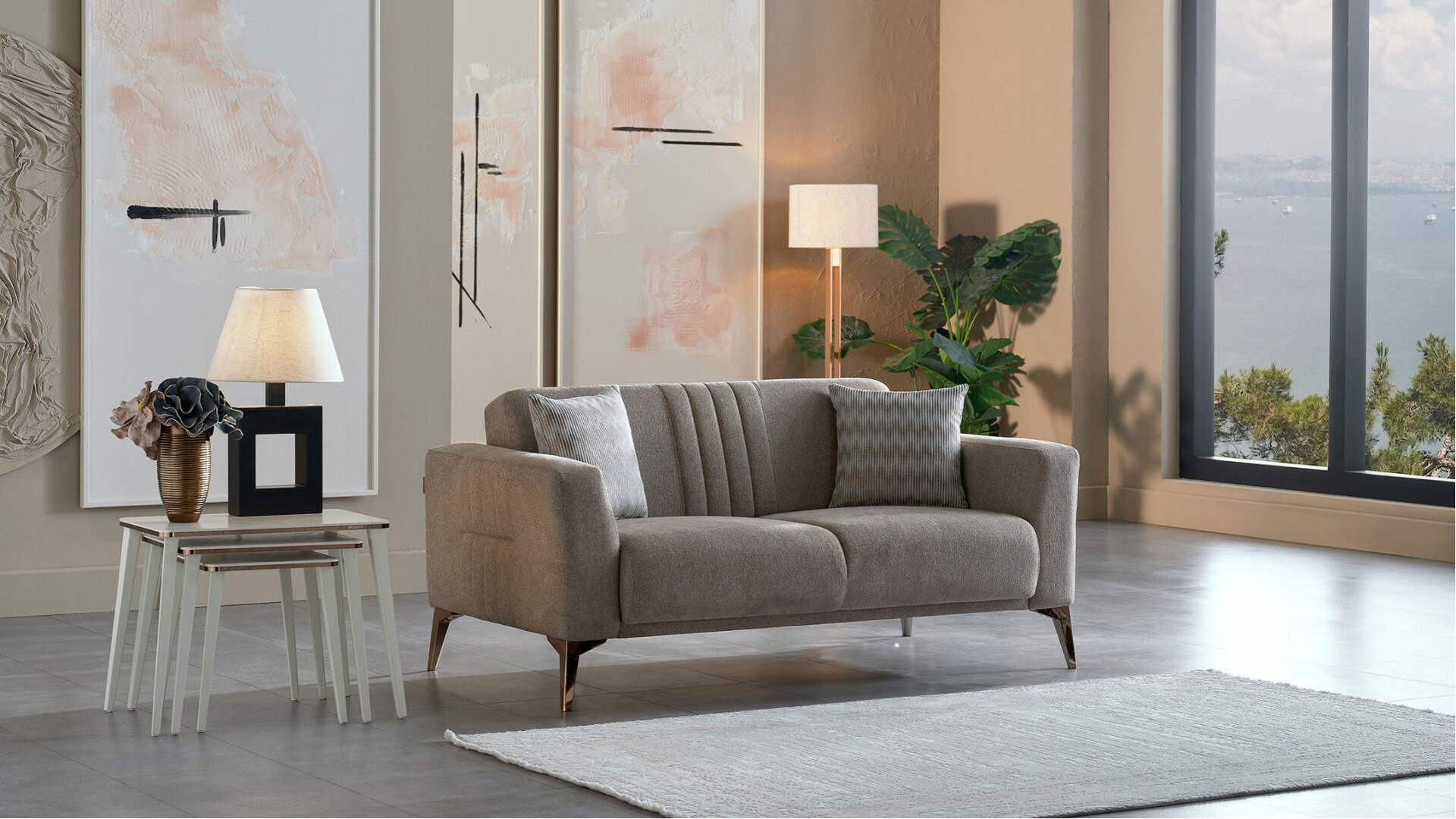 Nadia 2er-Sofa - Taupe - Bronz-Füße