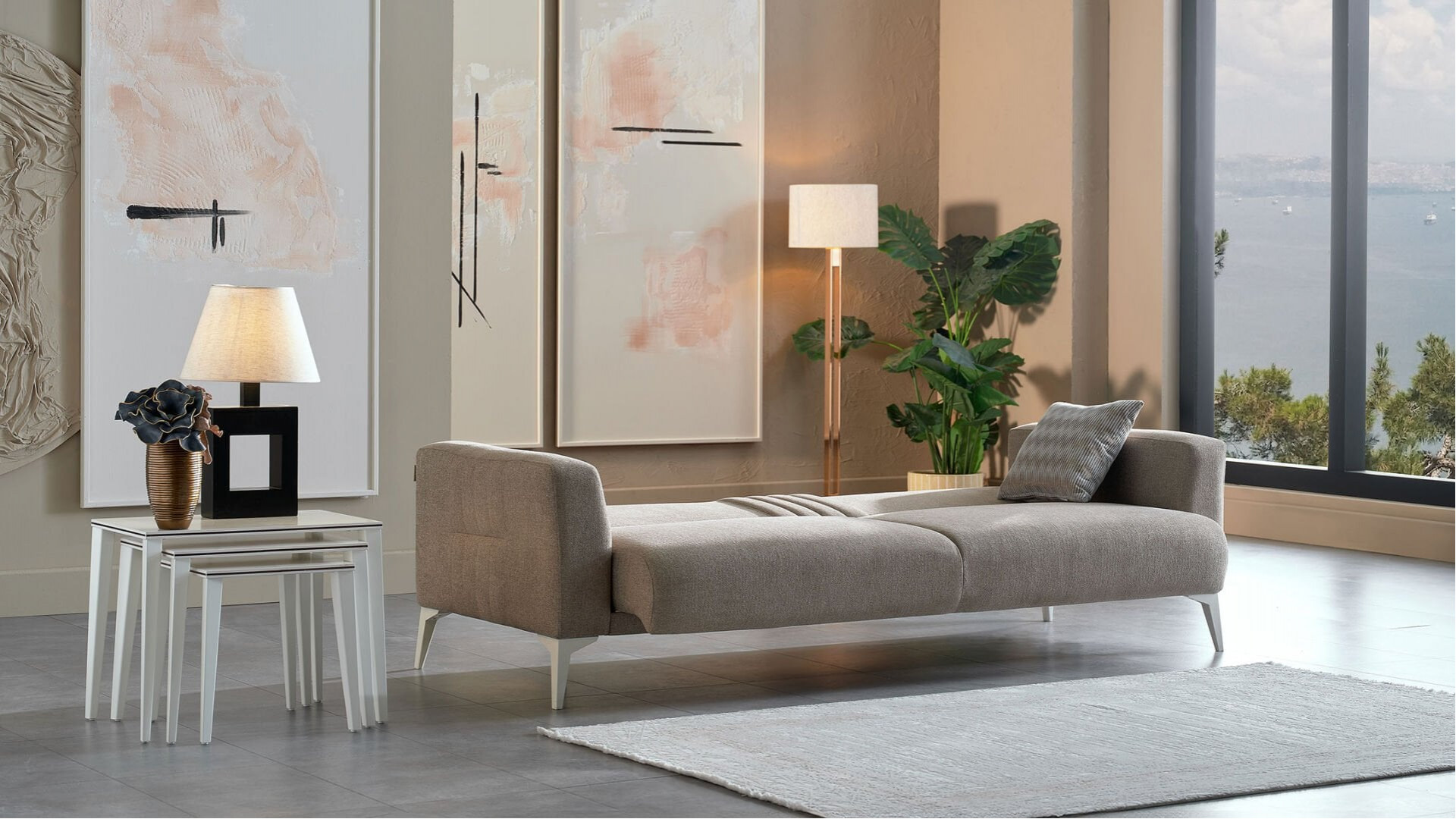 Nadia 3er-Sofa - Taupe - Weiß-Füße