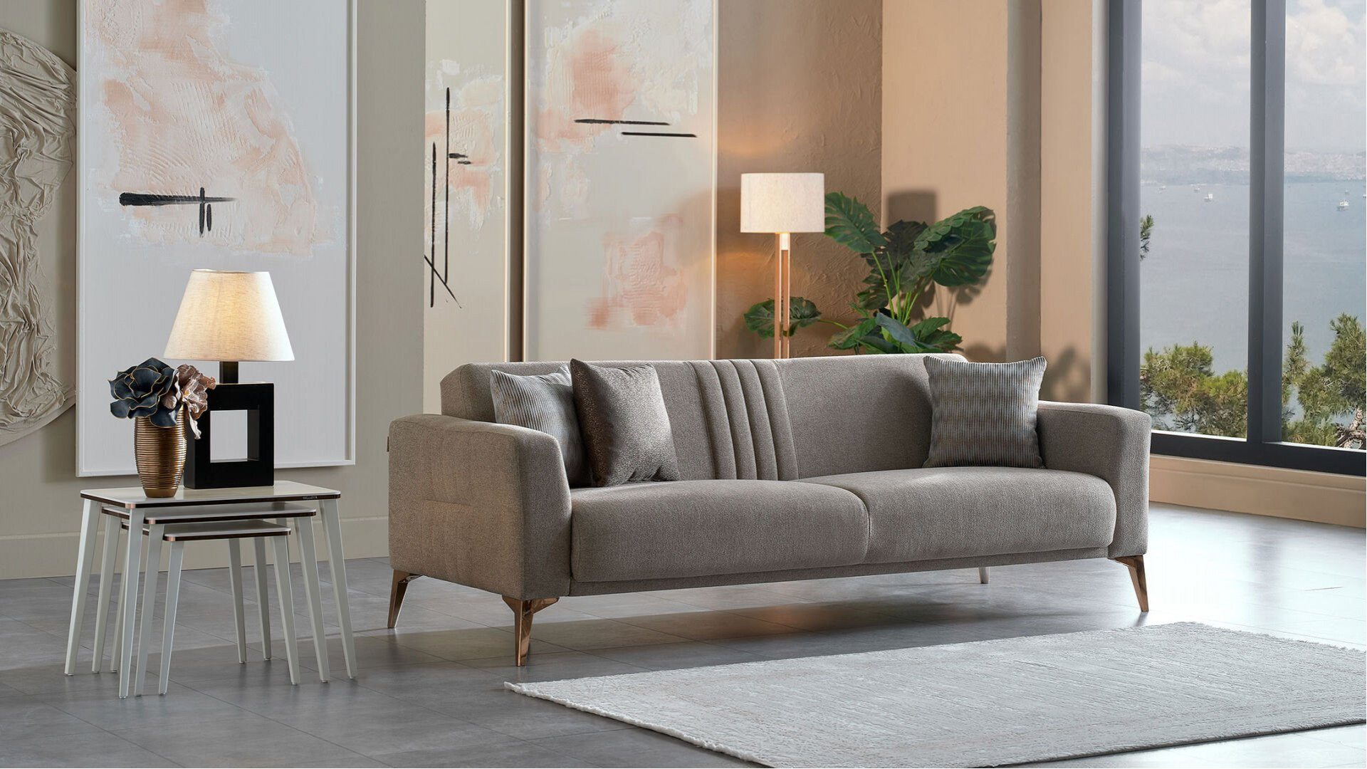 Nadia 3er-Sofa - Taupe - Bronz-Füße