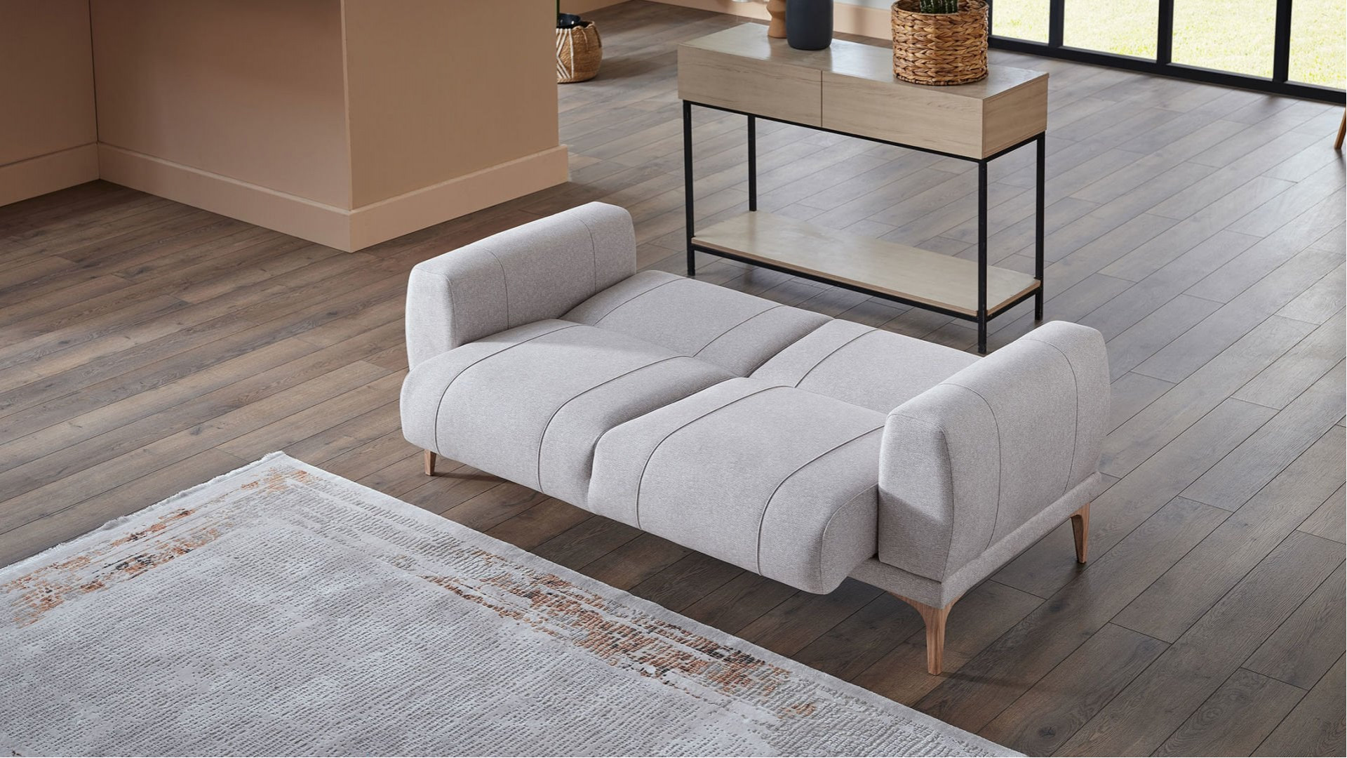 Porto 2er-Sofa - Creme - Eiche-Füße