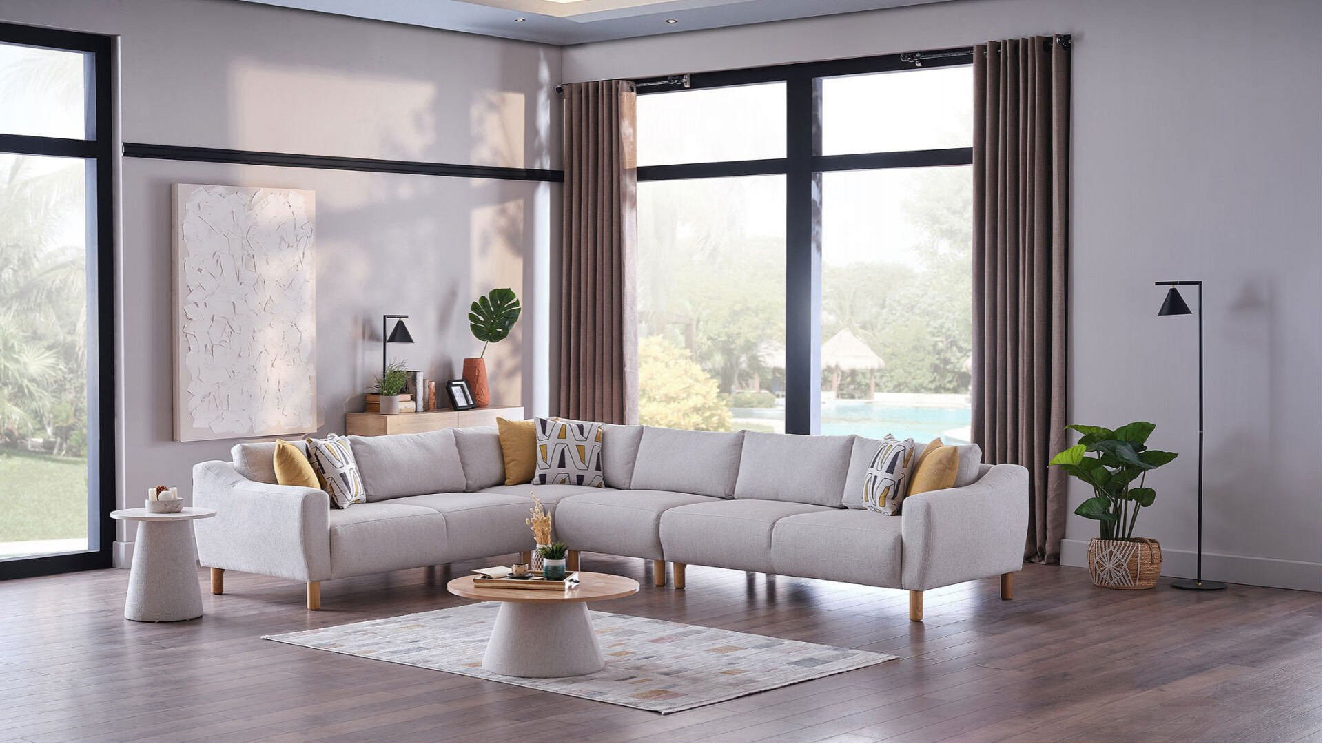 Sanvela Wohnlandschaft Modular - Creme - Eiche-Füße