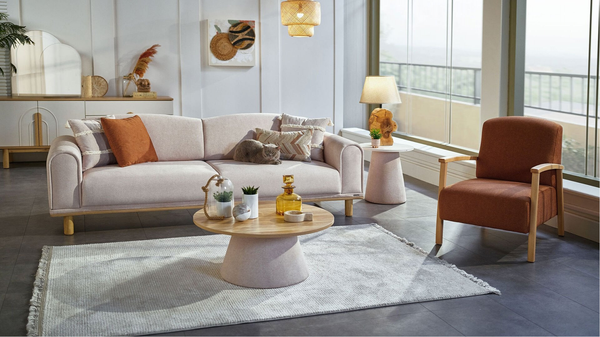 Boheems 3er-Sofa - Creme - Kiremit Kırlent