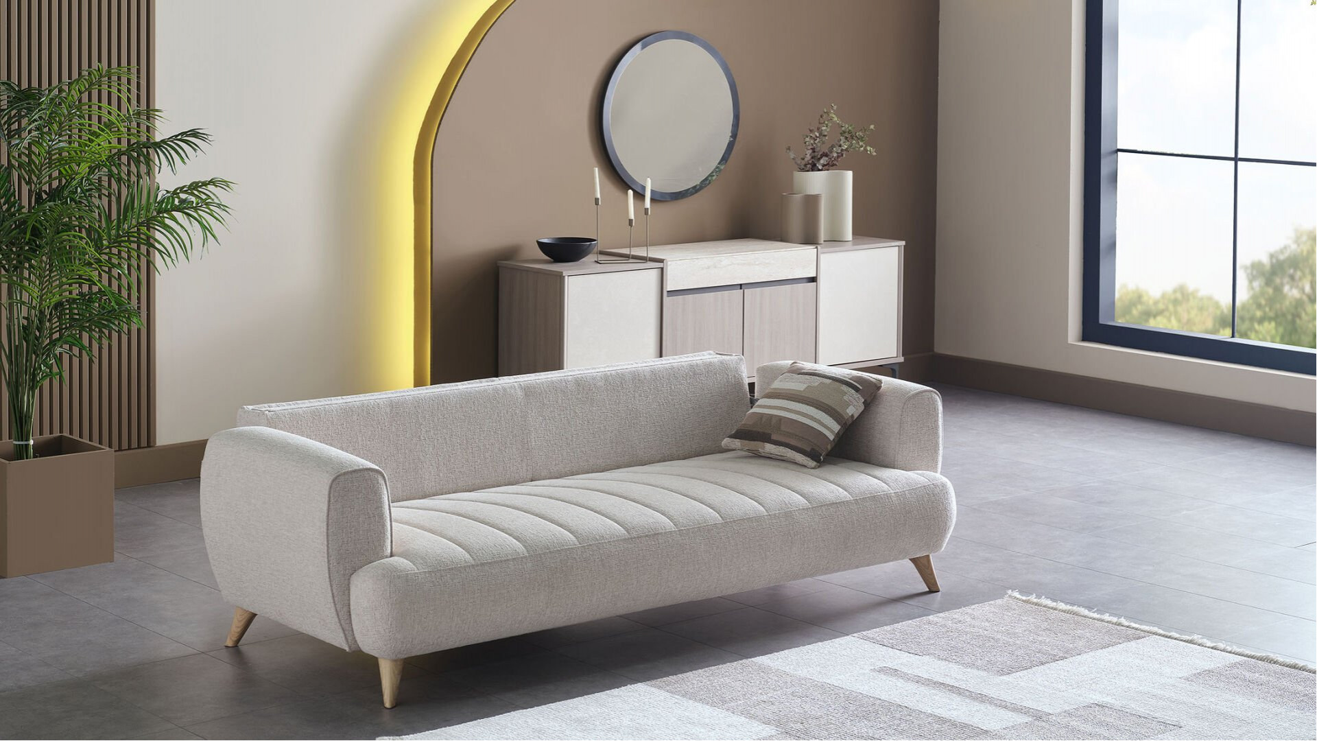 Mona 3er-Sofa - Beige - Eiche-Füße