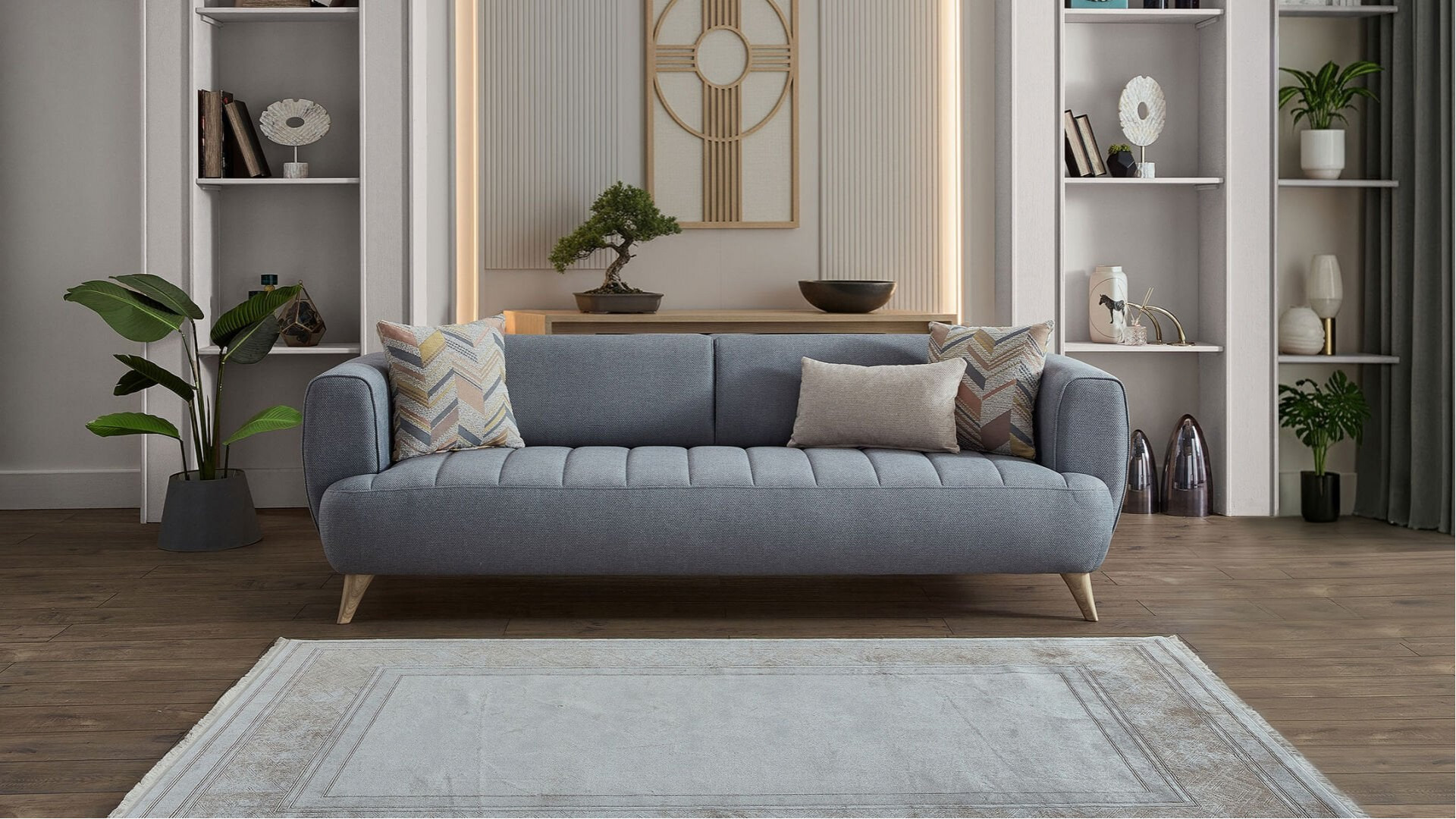 Mona 3er-Sofa - Blau - Eiche-Füße