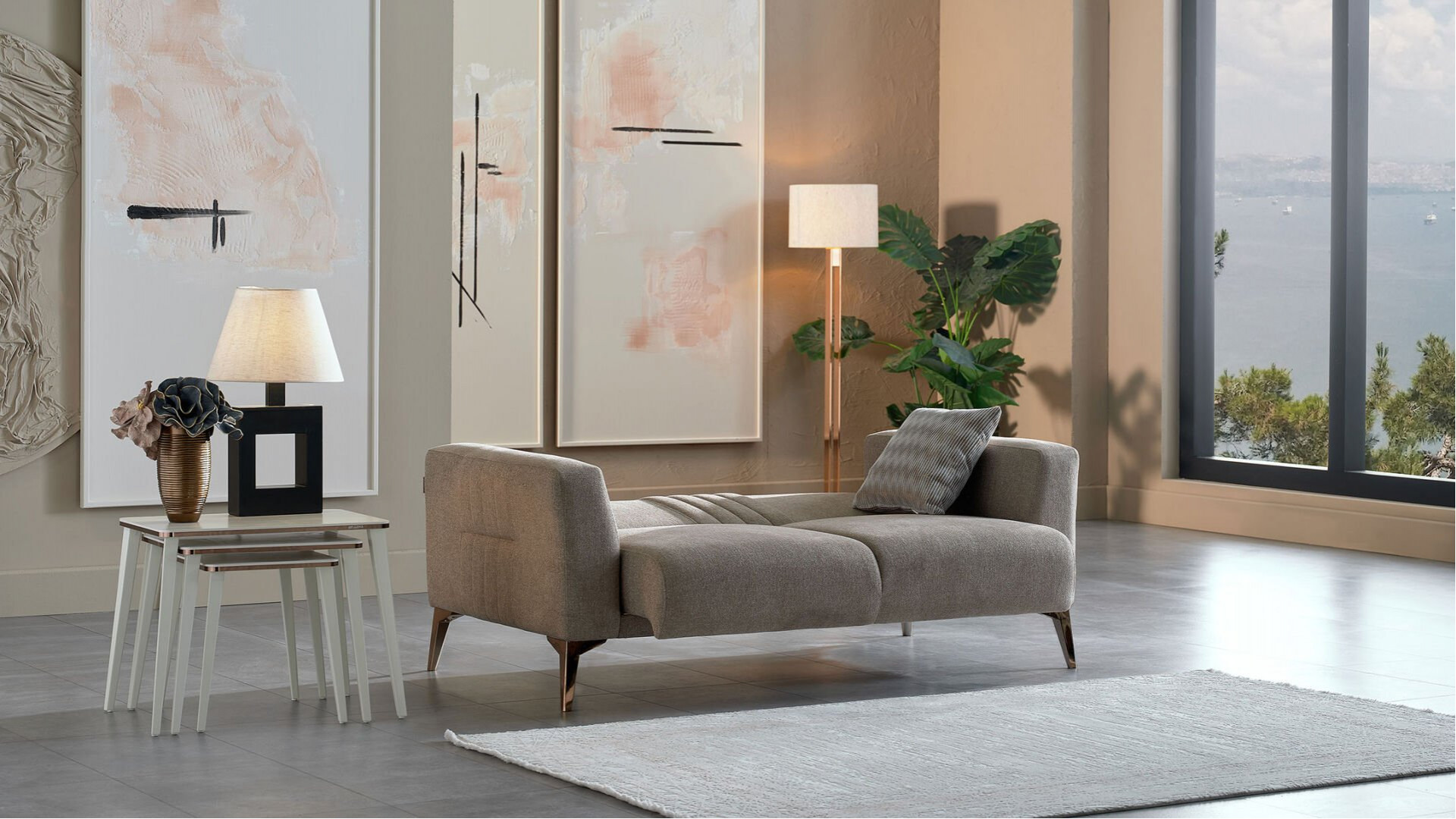 Nadia 2er-Sofa - Taupe - Bronz-Füße