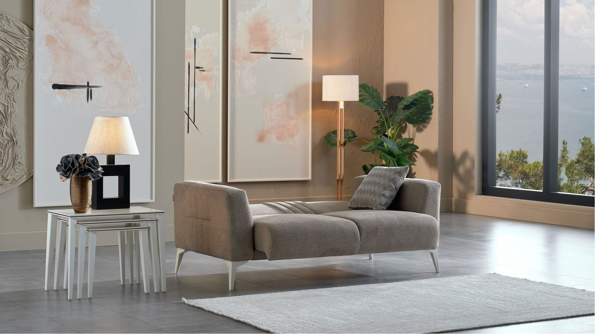 Nadia 2er-Sofa - Taupe - Weiß-Füße