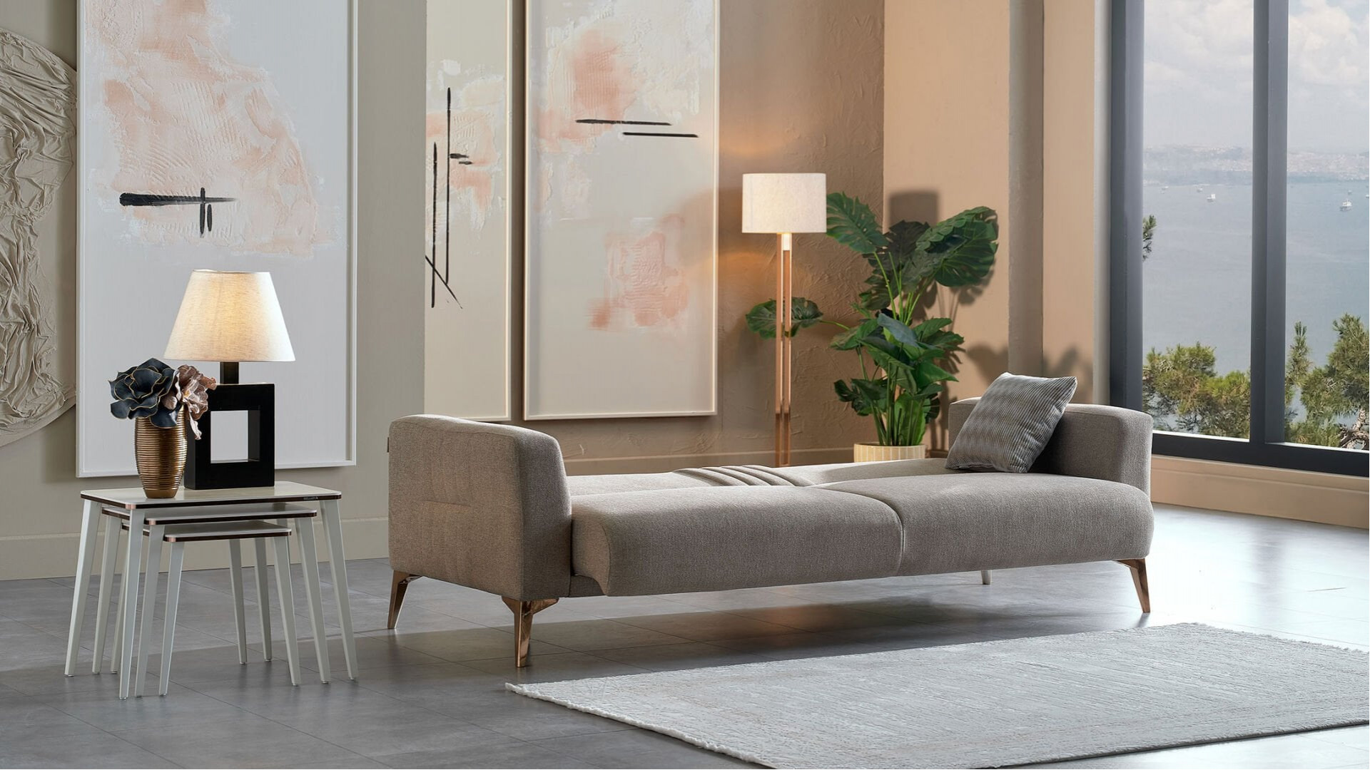 Nadia 3er-Sofa - Taupe - Bronz-Füße